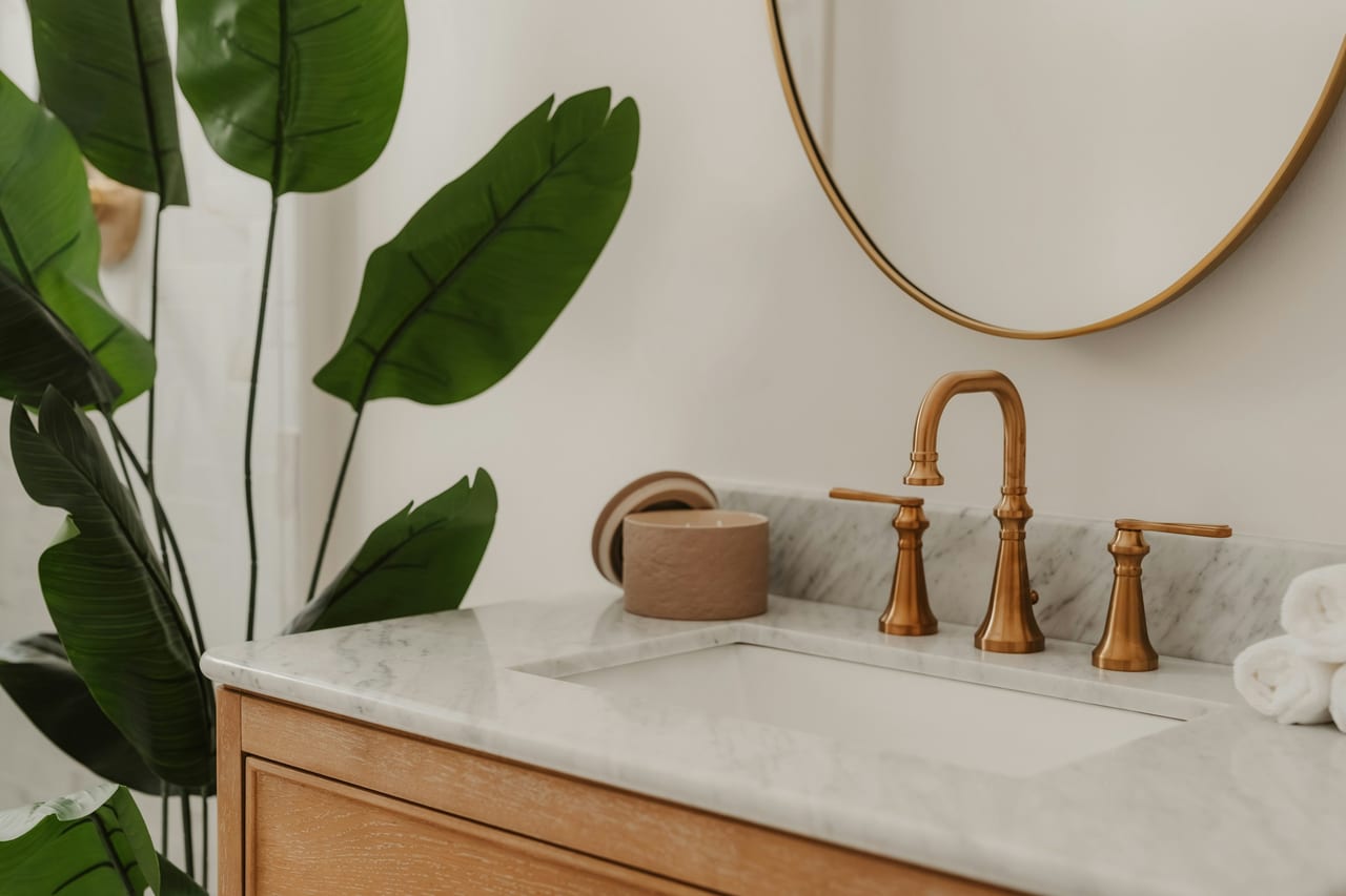 Bathroom basin with brass faucet and leafy plant